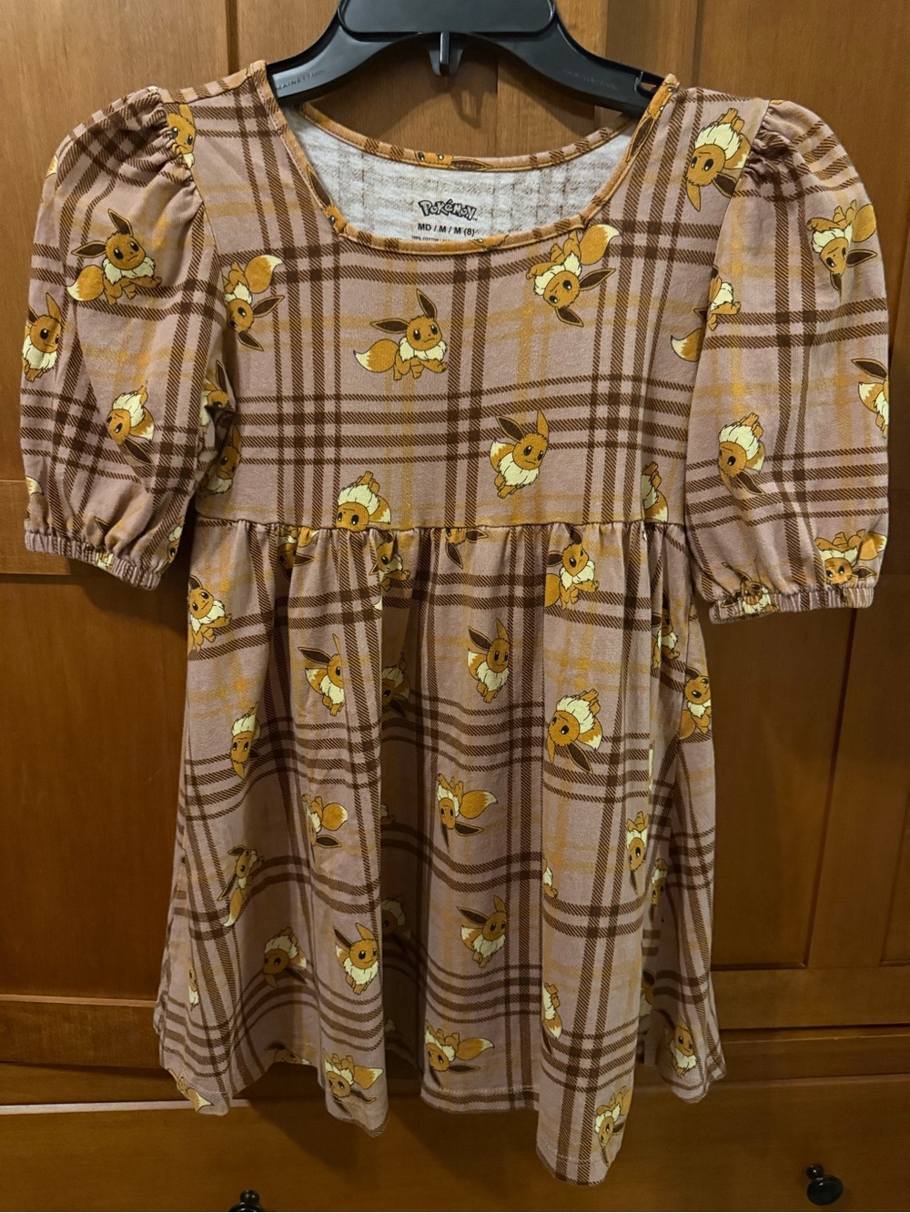 Pokémon Girls Eevee Plaid Puff Sleeve Dress - Size Medium (8) Brown Cottagecore